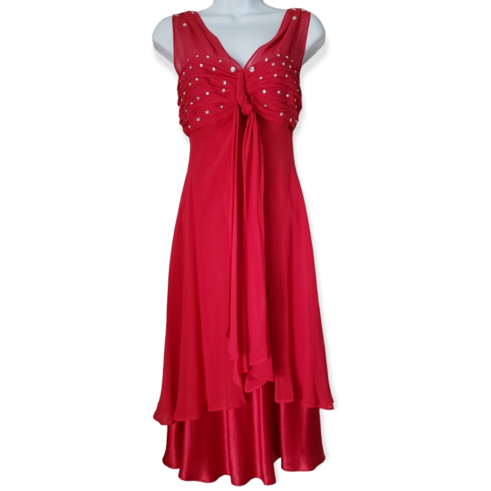 NWOT Donna Ricco red layered beaded jewel silk fit & flare A-line dress …